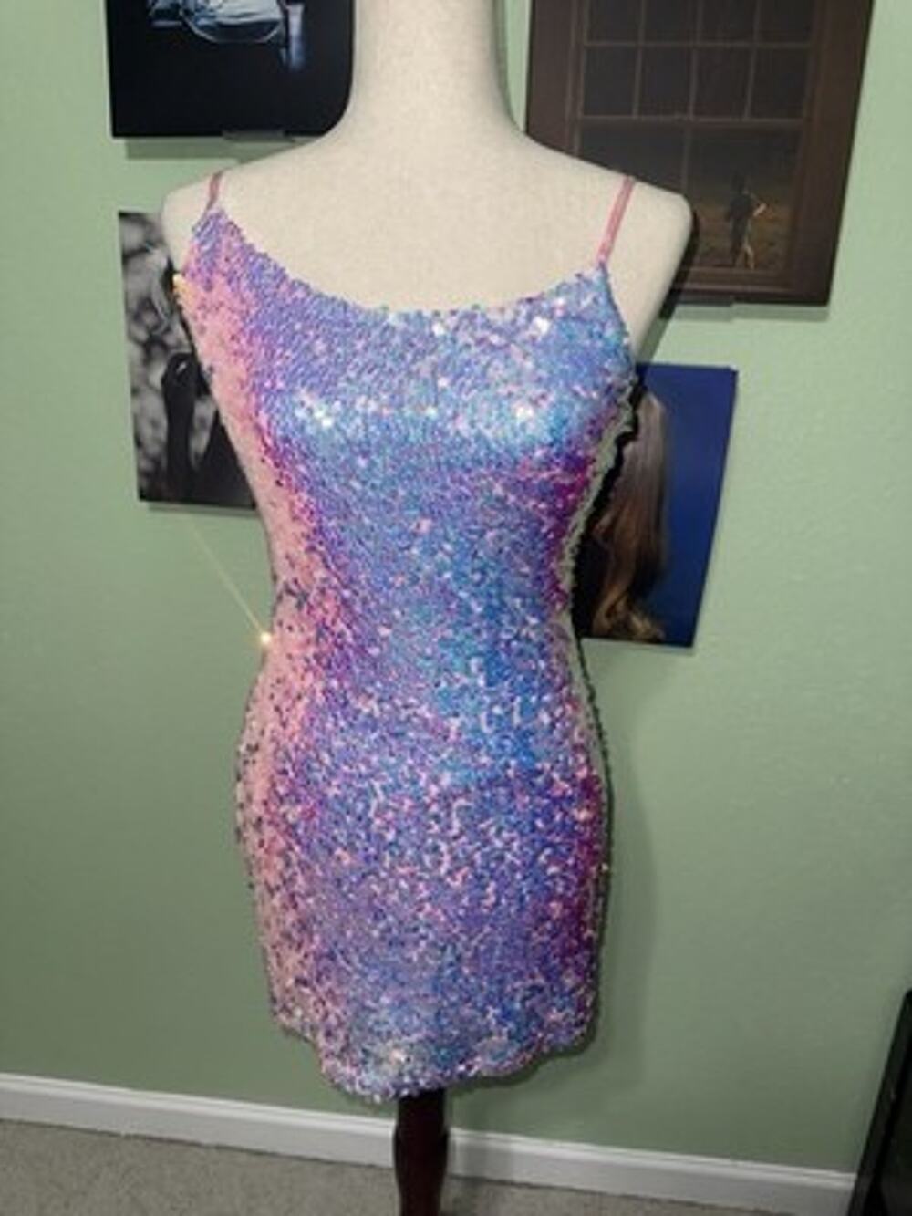 B. Darlin Sequin Bodycon Mini Dress Womens Size 7/8 Pink Blue Iridescent Party